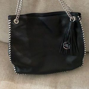 Beautiful black leather with silver chain handbag.